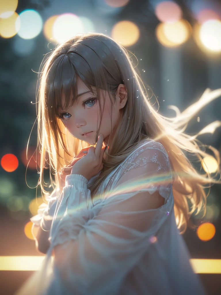 (Sumilux f1.4 24mm , low Latitude old color negative film , cross process , (bokeh), Long exposure , blur , flare, chromatic aberration , soft focus, (Shallow focus) , soft glow , Maximum aperture, high Key , Transparent depiction , Tyndall:1.2) , Fluffy woman
