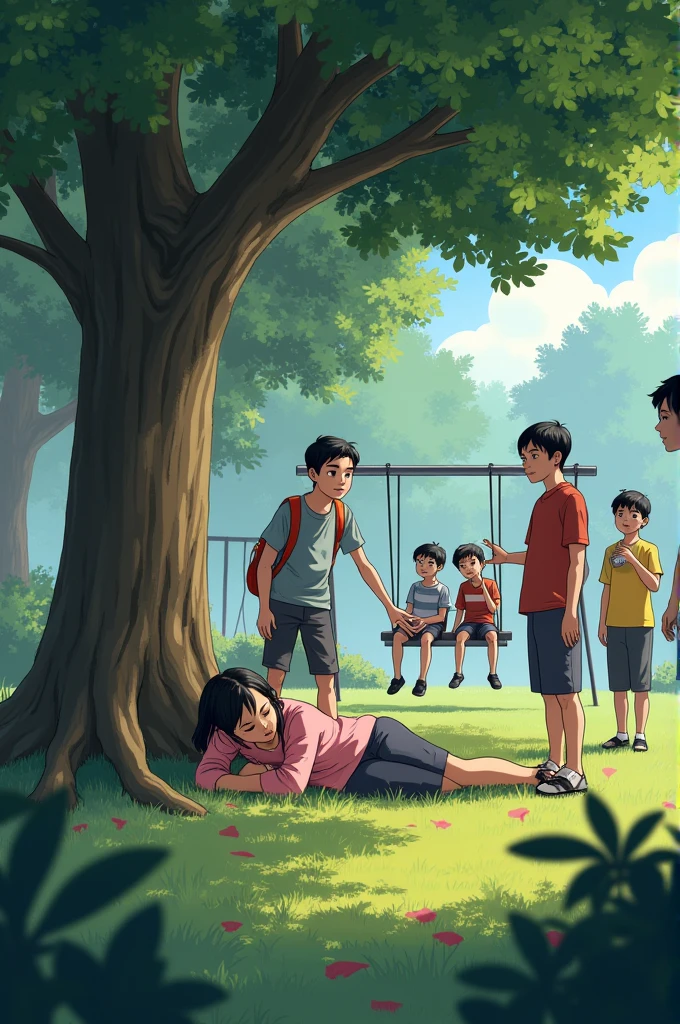 Some girl is sick under a tree and some people are walking by her side and some people are looking at her and some people are helping her and some boys are sitting on the swing, the picture frame size is 16:9 to look realistic people and cinematic.