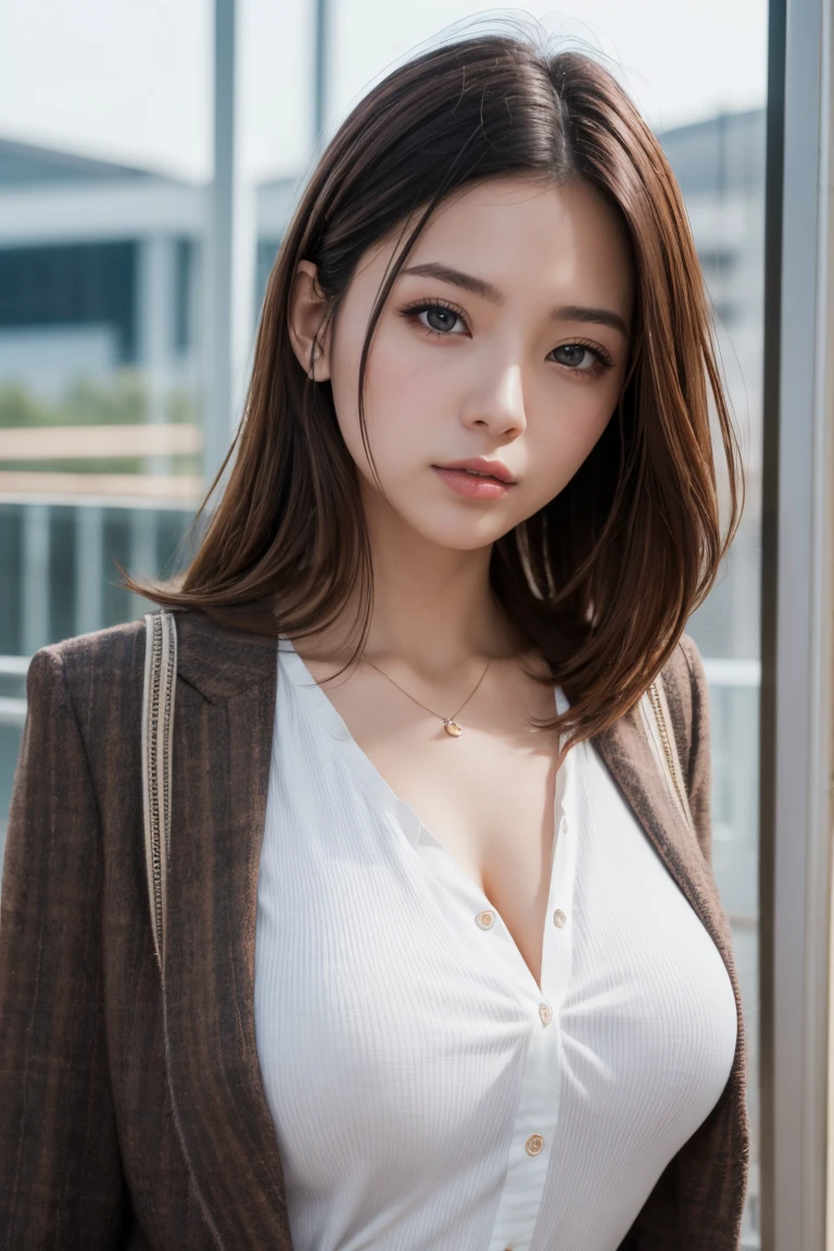 Ultra High Definition, Superior Quality, Premier Quality, ultra detailed, Photorealistic, 8k, RAW Photos, highest quality, masterpiece, Attractive Woman, Stunning Lady, Brown Hair, school uniform, Mesh Hair, Japanese Idol, Sophisticated, Stylish, Casual