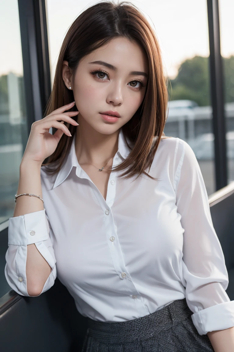 Ultra High Definition, Superior Quality, Premier Quality, ultra detailed, Photorealistic, 8k, RAW Photos, highest quality, masterpiece, Attractive Woman, Stunning Lady, Brown Hair, school uniform, Mesh Hair, Japanese Idol, Sophisticated, Stylish, Casual