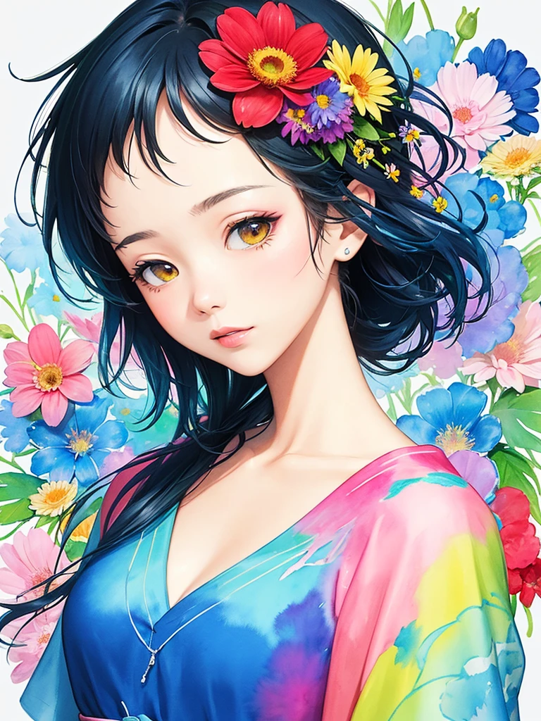Hiromi Matsuo Style、(((stylish fashion))), 8K Quality、Intense watercolor, Detailed watercolor art, Watercolor splash, surreal, avant-garde pop art, Beautiful and expressive paintings, Beautiful artwork illustration, Very colorful tones, wonderful, Cool beauty, highest quality、Official Art, vector art, Stylish design, (((The most beautiful girl))), (((highest quality))), HDR, ((detailed)), (((Doodle Art)), ((masterpiece)), ((Super detailed)), (((Colorful flowers))),(((Stylish))),Simple background