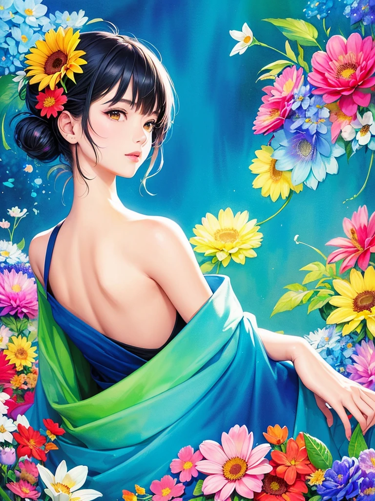 Hiromi Matsuo Style、(((stylish fashion))), 8K Quality、Intense watercolor, Detailed watercolor art, Watercolor splash, surreal, avant-garde pop art, Beautiful and expressive paintings, Beautiful artwork illustration, Very colorful tones, wonderful, Cool beauty, highest quality、Official Art, vector art, Stylish design, (((The most beautiful girl))), (((highest quality))), HDR, ((detailed)), (((Doodle Art)), ((masterpiece)), ((Super detailed)), (((Colorful flowers))),(((Stylish))),Simple background