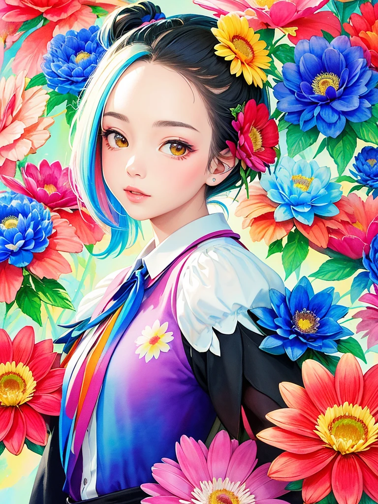 Hiromi Matsuo Style、(((stylish fashion))), 8K Quality、Intense watercolor, Detailed watercolor art, Watercolor splash, surreal, avant-garde pop art, Beautiful and expressive paintings, Beautiful artwork illustration, Very colorful tones, wonderful, Cool beauty, highest quality、Official Art, vector art, Stylish design, (((The most beautiful girl))), (((highest quality))), HDR, ((detailed)), (((Doodle Art)), ((masterpiece)), ((Super detailed)), (((Colorful flowers))),(((Stylish))),Simple background