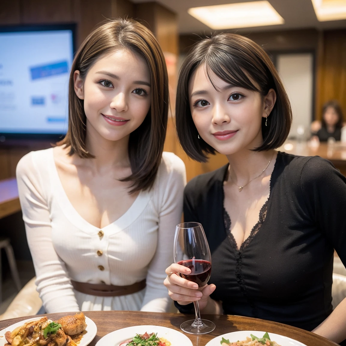 (Realistic:1.1),(masterpiece,Highest quality),8k,(49 years old), 53 years old, ベリーslimボディ、slimカップル、Tight waist,Upper Body,full-course dinner、wine 、Amazing view of the sunset sky and clouds、Perfect Anatomy, Brown Hair, short hair,Random Hairstyles,((Highly detailed face and eyes:1.2)),Perfect golden ratio face,Long sleeve shirt、dress,(smile:1.2)、Shortcuts、cute、(Realistic, Intricate details:1.2), A bright smile、short hair,Bright Face、赤wine 、Appetizers、Italian food、wine bottle、Champagne、スパークリングwine、(slimな顔), (The body is slim), (Brown Hair), (Shortcuts), Upper Body, 白wine, slim, wineグラス,