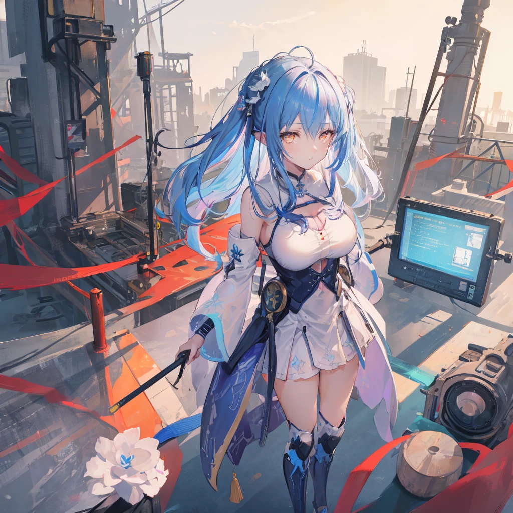 ((masterpiece, best quality)),illustration,Super Fine 8k,Reality,Clear focus,Very detailed,Professional lighting,Colorful Detailed,Extremely long shot of the rainbow-colored BREAK factory,Large machinery construction,Microchip,,Luminescence,Intricate details,Shitu-mecha,1 girl standing in front of the audience,Umbilical cord