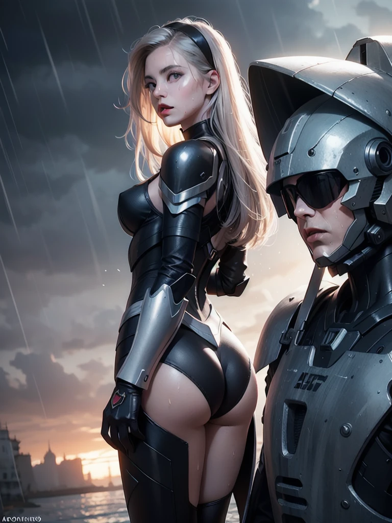 masterpice,photorealistic, detailed face, detailed eyes, detailed lips, beautiful woman, hourglass figure, natural lighting, high quality, hyperrealistic, 8k, cinematic, dramatic lighting, chiaroscuro, neoclassical, oil painting,dramatic light,abadon city,2b,nier automata, silver hair,headband,detailed leg,detailed skirt,gundam mobil suit armor,gundam suit,pantie, rain,sweat skin,ass,ass focus