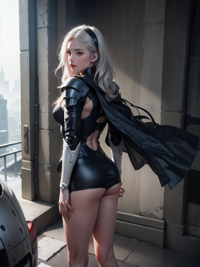 masterpice,photorealistic, detailed face, detailed eyes, detailed lips, beautiful woman, hourglass figure, natural lighting, high quality, hyperrealistic, 8k, cinematic, dramatic lighting, chiaroscuro, neoclassical, oil painting,dramatic light,abadon city,2b,nier automata, silver hair,headband,detailed leg,detailed skirt,gundam mobil suit armor,gundam suit,pantie, rain,sweat skin,ass,ass focus