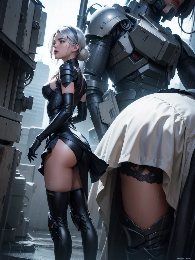 masterpice,photorealistic, detailed face, detailed eyes, detailed lips, beautiful woman, hourglass figure, natural lighting, high quality, hyperrealistic, 8k, cinematic, dramatic lighting, chiaroscuro, neoclassical, oil painting,dramatic light,abadon city,2b,nier automata, silver hair,headband,detailed leg,detailed skirt,gundam mobil suit armor,gundam suit,pantie, rain,sweat skin,ass,ass focus