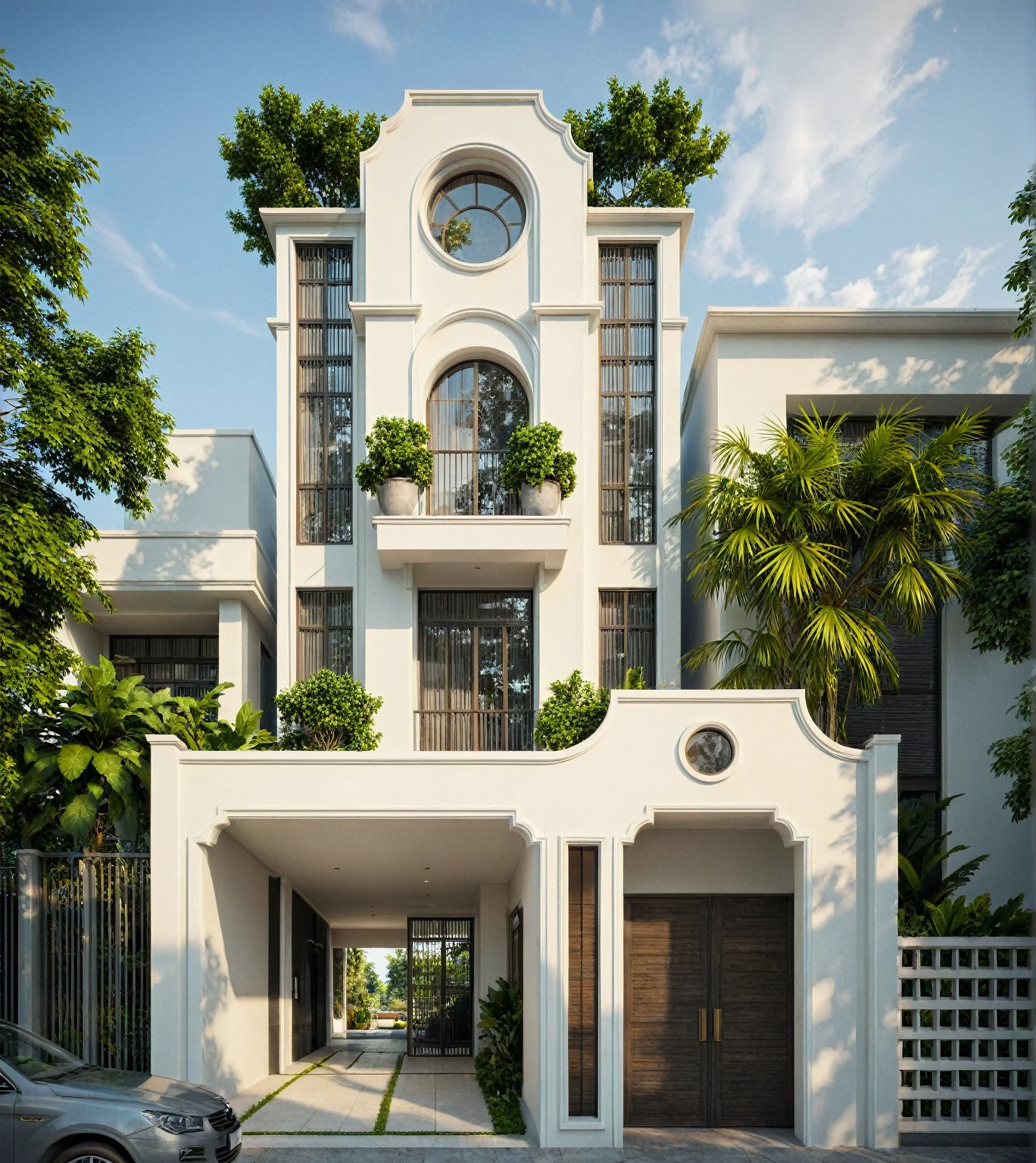  exterior of indochine villa, streetcapes, clear sky, few cloud, interior warm lighting, morning sunlight,minimalist landscaping, featuring lush greenery, textured walls, and natural materials. The villa is set under a blue sky with scattered clouds, casting soft shadows, photorealistic rendering with high realism, (RAW photo, masterpiece, best quality,ultra-detailed, extremely delicate and beautiful, highresolution, best shadow:1.1)