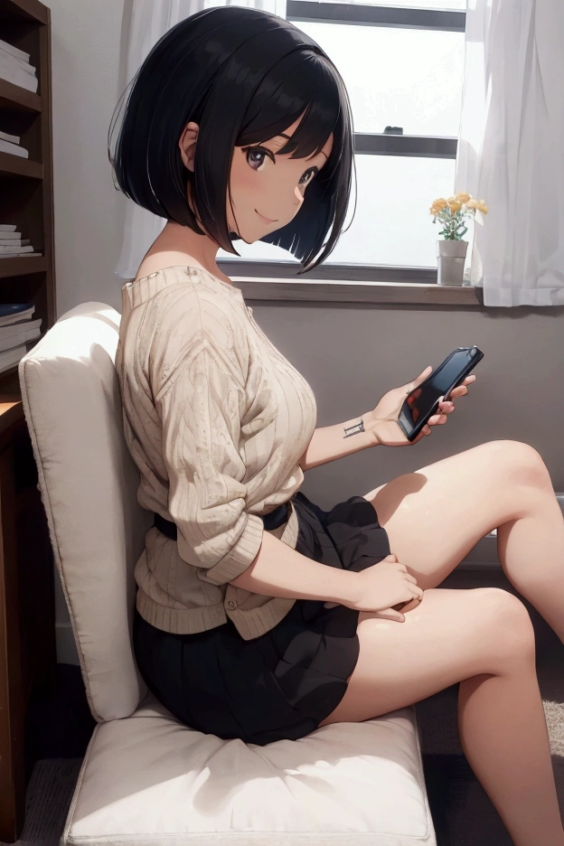 Woman sitting and looking at her smartphone,living room,smile, profile, black hair, bob cut