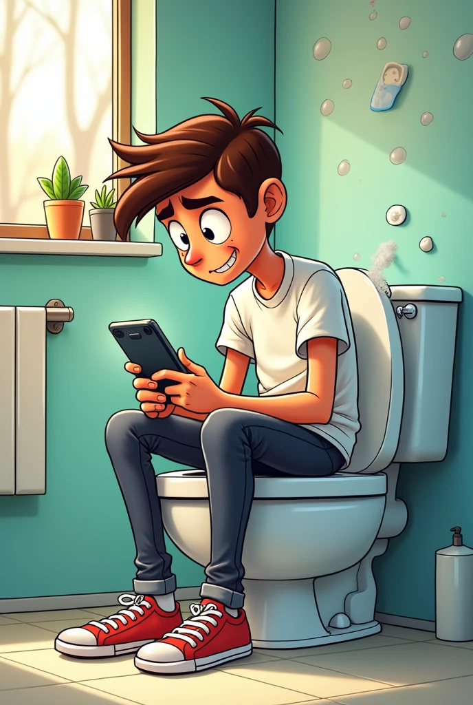 Young Man pooping while playing phone in bathroom make it more cartoon and make the character look at the phone