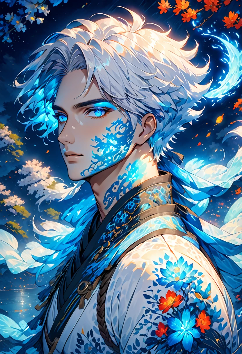 (Incredibly soft and beautiful:1.2), 8 K, (tmasterpiece, best:1.2), (Male:1.5) masterpiece, best quality, (detailed:1.3) half-naked body with pale skin and (long_WHITE_hair:1.4). All his pale skin is there. (BLUE_luminous_tattoos:1.5), on face, On the body. (magic_bioluminescent_tattoos:1.5) Nude upper body, paleBLUE colour dominating, Cloudy Night, Sharp Focus, highly detailed, Magical fantasy style,Glowing RunesAI_BLUE,,bioluminescent body paint fbpz,Were_Ranger_face,4rmorbre4k,Glowing RunesAI_BLUE