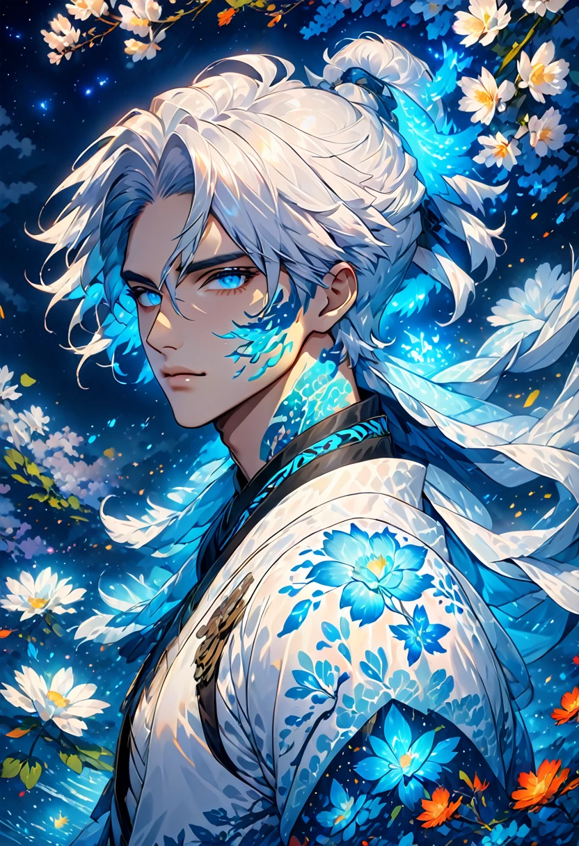 (Incredibly soft and beautiful:1.2), 8 K, (tmasterpiece, best:1.2), (Male:1.5) masterpiece, best quality, (detailed:1.3) half-naked body with pale skin and (long_WHITE_hair:1.4). All his pale skin is there. (BLUE_luminous_tattoos:1.5), on face, On the body. (magic_bioluminescent_tattoos:1.5) Nude upper body, paleBLUE colour dominating, Cloudy Night, Sharp Focus, highly detailed, Magical fantasy style,Glowing RunesAI_BLUE,,bioluminescent body paint fbpz,Were_Ranger_face,4rmorbre4k,Glowing RunesAI_BLUE