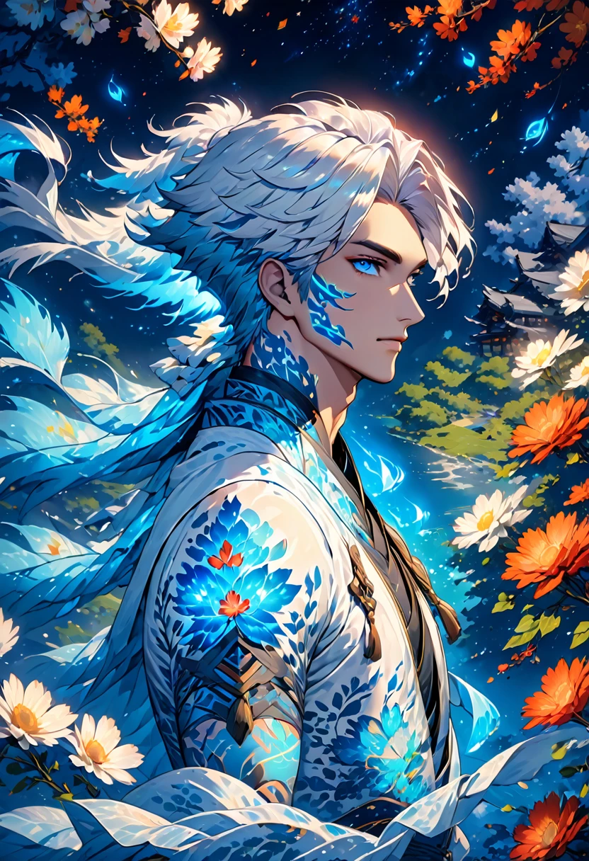  (Incredibly soft and beautiful:1.2), 8 K, (tmasterpiece, best:1.2), (Male:1.5) masterpiece, best quality, (detailed:1.3) half-naked body with pale skin and (long_WHITE_hair:1.4). All his pale skin is there. (BLUE_luminous_tattoos:1.5), on face, On the body. (magic_bioluminescent_tattoos:1.5) Nude upper body, paleBLUE colour dominating, Cloudy Night, Sharp Focus, highly detailed, Magical fantasy style,Glowing RunesAI_BLUE,,bioluminescent body paint fbpz,Were_Ranger_face,4rmorbre4k,Glowing RunesAI_BLUE
