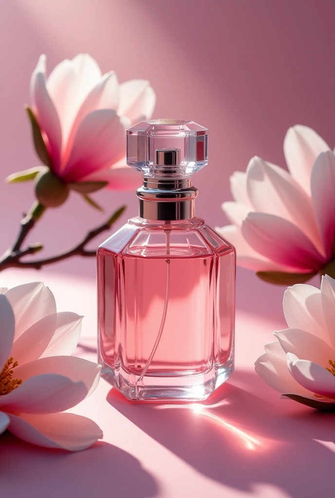 Unique perfume , with critical notes, unique and elegant design, pink color with unique combinations , with magnolia flowers around the glass jar
