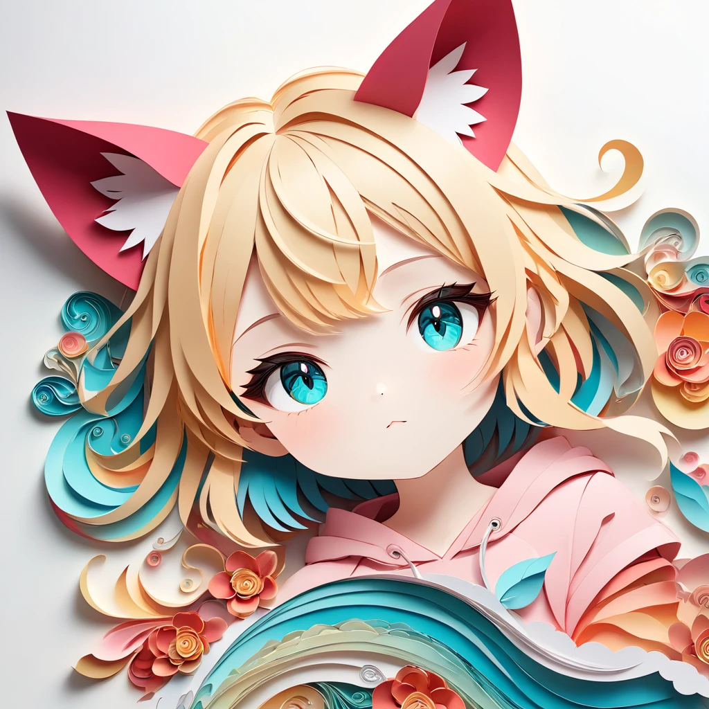 Paper cutting art,(Flat paper cutout，Paper Art，layered Paper Art，Paper Quilting, Digital Art),against a pure white background, girl，Blonde Hair Color、Cat ears of the same color as the hair、Turquoise Eyes、Pink short sleeve hoodie、(Attention to detail, masterpiece, Highest quality, Ultra-high resolution)