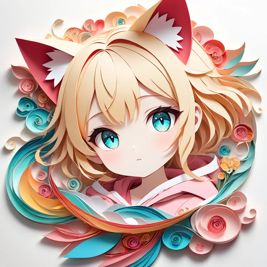 Paper cutting art,(Flat paper cutout，Paper Art，layered Paper Art，Paper Quilting, Digital Art),against a pure white background, girl，Blonde Hair Color、Cat ears of the same color as the hair、Turquoise Eyes、Pink short sleeve hoodie、(Attention to detail, masterpiece, Highest quality, Ultra-high resolution)