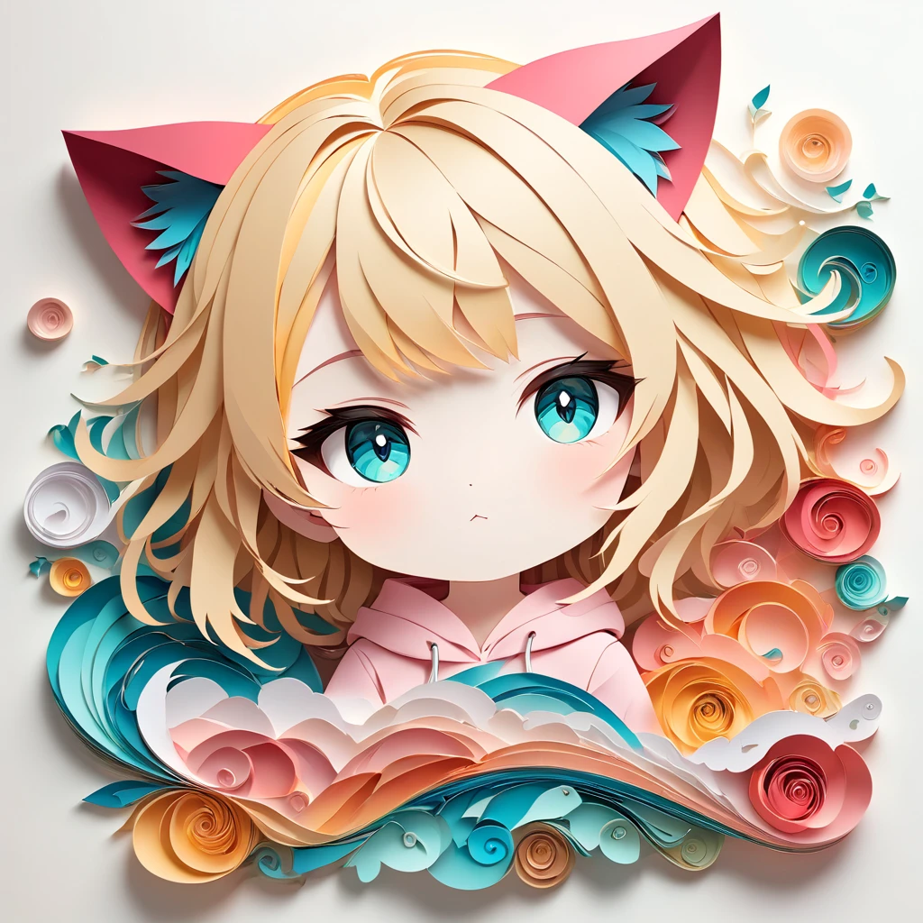 Paper cutting art,(Flat paper cutout,Paper Art,layered Paper Art,Paper Quilting, Digital Art),against a pure white background, girl,Blonde Hair Color、Cat ears of the same color as the hair、Turquoise Eyes、Pink short sleeve hoodie、(Attention to detail, masterpiece, Highest quality, Ultra-high resolution)