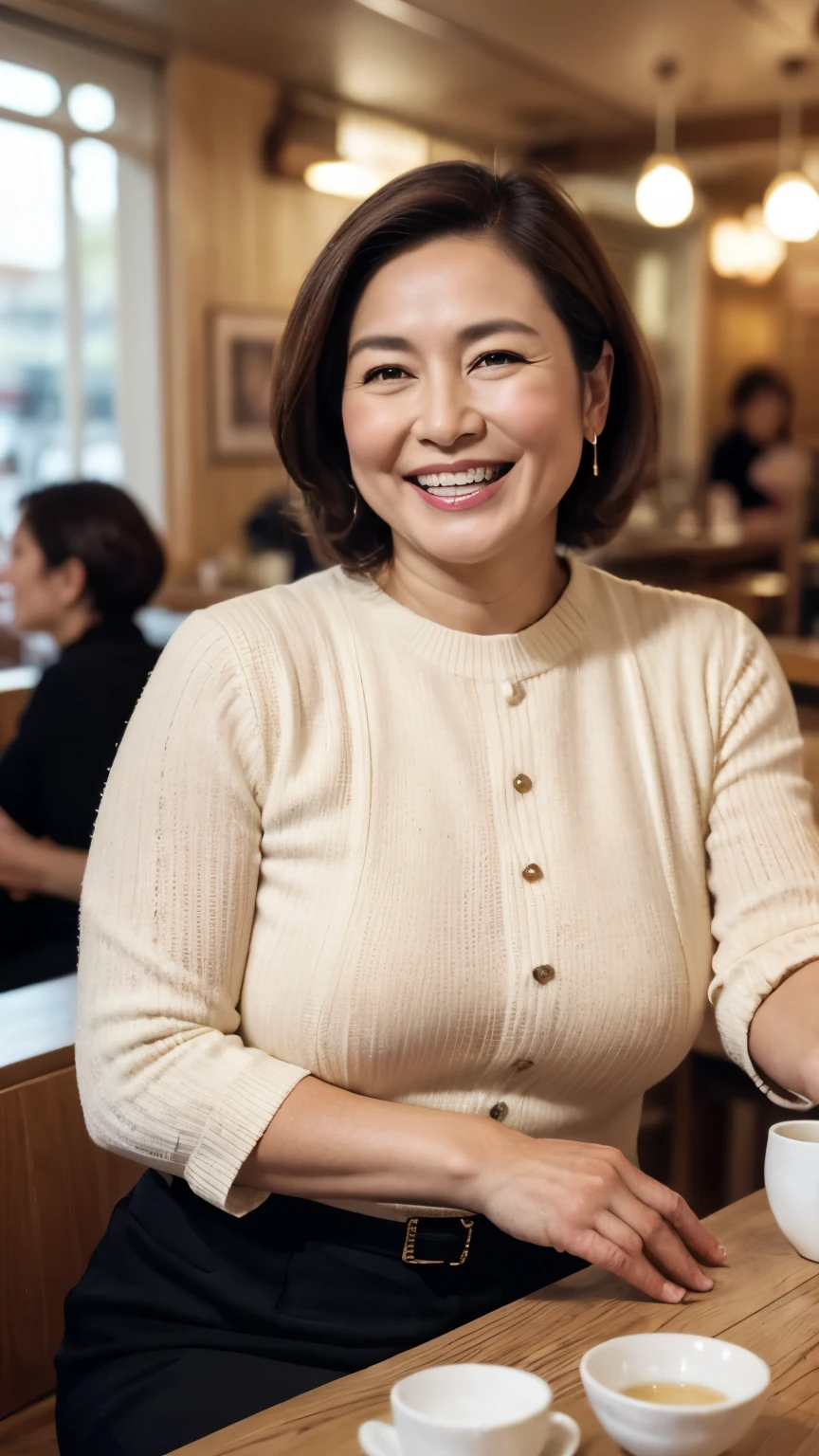 8k wallpaper, masterpiece, Highest quality, Very detailed, One Mature Woman, 50 years old, Become very clear, Wearing a short-sleeved knit, Skin dents, Captivating smile, Looking at the audience, No lapel microphone, Plump, Curvaceous, Attractive face, Smiling with teeth showing, I was happy, sitting in a cafe, Background Blur