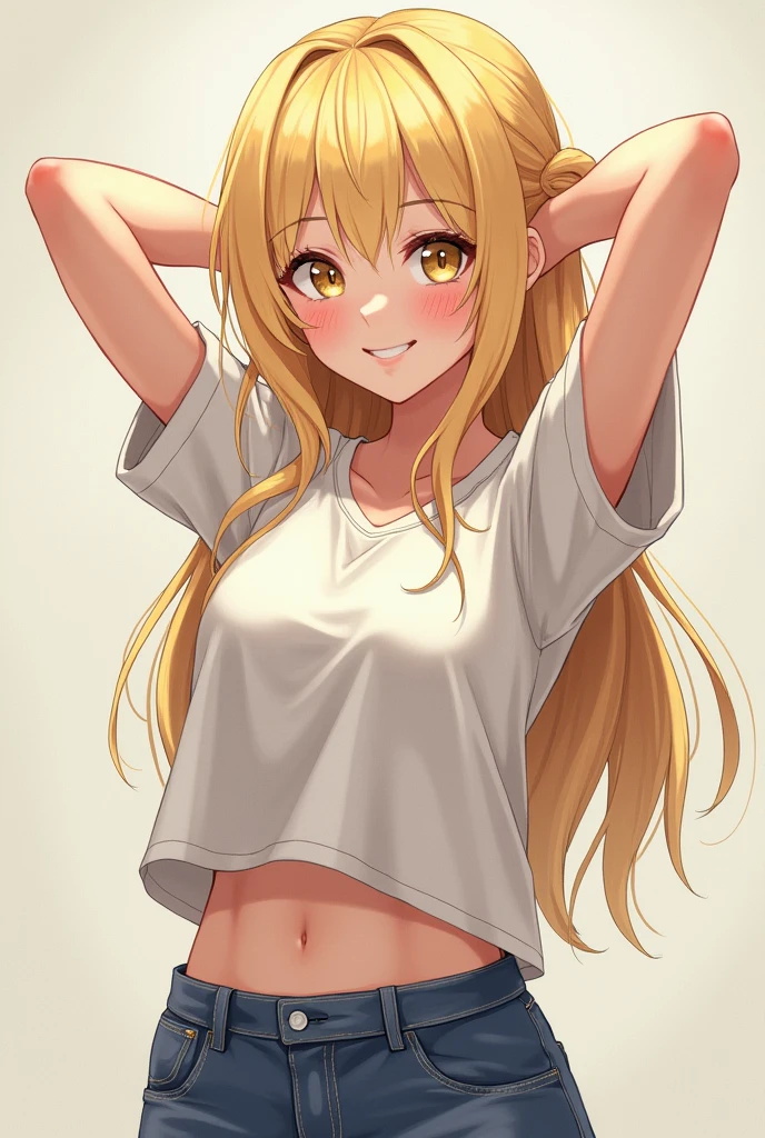 ((Best Quality)), ((masterpiece)), (detailed), perfect face, (big tits:1.0), ((blonde)), (Russian), (White skin), Whole body, (big ass:1.3), ((Yellow hair)), (light blonde hair), almost white blonde, casual clothes, (Whole body:1.5), (happy:1.5), hands behind head without cloth