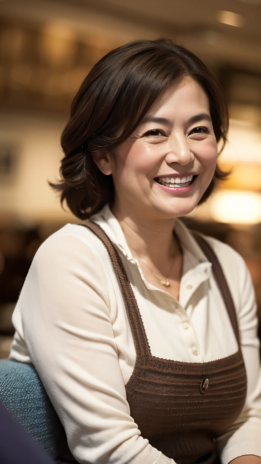 8k wallpaper, masterpiece, Highest quality, Very detailed, One Mature Woman, 50 years old, Become very clear, Wearing a short-sleeved knit, Skin dents, Captivating smile, Looking at the audience, No lapel microphone, Plump, Curvaceous, Attractive face, Smiling with teeth showing, I was happy, sitting in a cafe, Background Blur