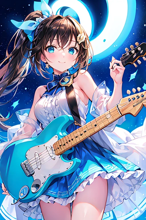 Tazune rirei, nsfw, 8k, ultra-detailed, Masterpiece, best quality, perfect lighting, aqua eyes, black hair, side ponytail, ((Idol)),(colorful image ), idol costume, no sleeves, blue and white summer dress , cute smile)), beautiful eyes , eyelashes , looking at you, shiny aqua eyes, spot light, more_details:1, singing , dynamic pose, cowboy shot, bare shoulders, navels, ((playing electric guitar, income microphone)),starrystarscloudcolorful