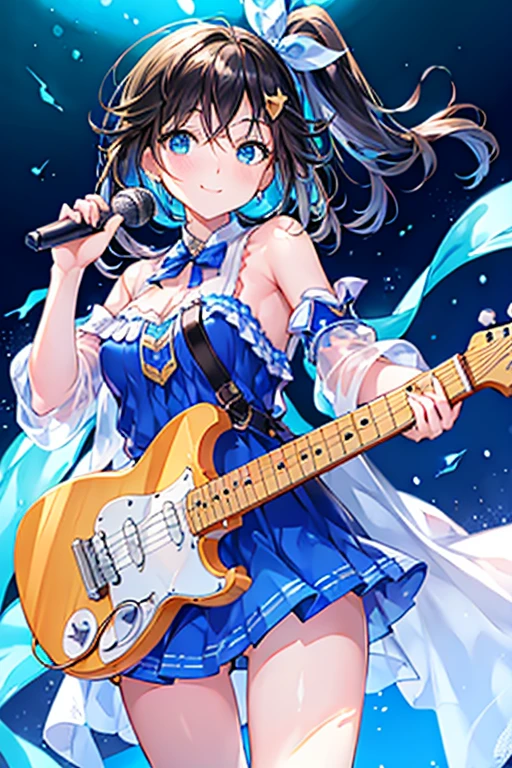 Tazune rirei, nsfw, 8k, ultra-detailed, Masterpiece, best quality, perfect lighting, aqua eyes, black hair, side ponytail, ((Idol)),(colorful image ), idol costume, no sleeves, blue and white summer dress , cute smile)), beautiful eyes , eyelashes , looking at you, shiny aqua eyes, spot light, more_details:1, singing , dynamic pose, cowboy shot, bare shoulders, navels, ((playing electric guitar, income microphone)),starrystarscloudcolorful