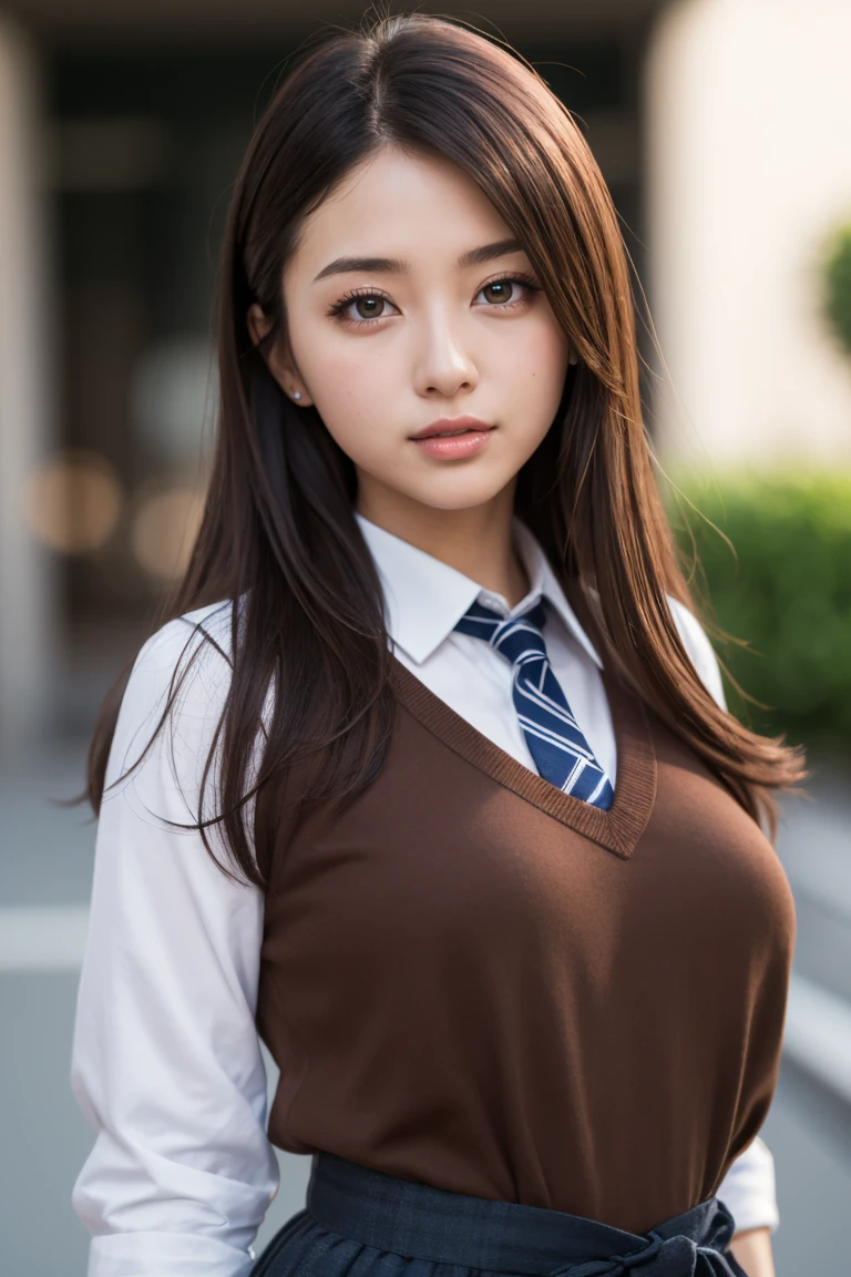 Ultra High Definition, Superior Quality, Premier Quality, ultra detailed, Photorealistic, 8k, RAW Photos, highest quality, masterpiece, Attractive Woman, Stunning Lady, Brown Hair, school uniform, Mesh Hair, Japanese Idol, Sophisticated, Stylish, Casual