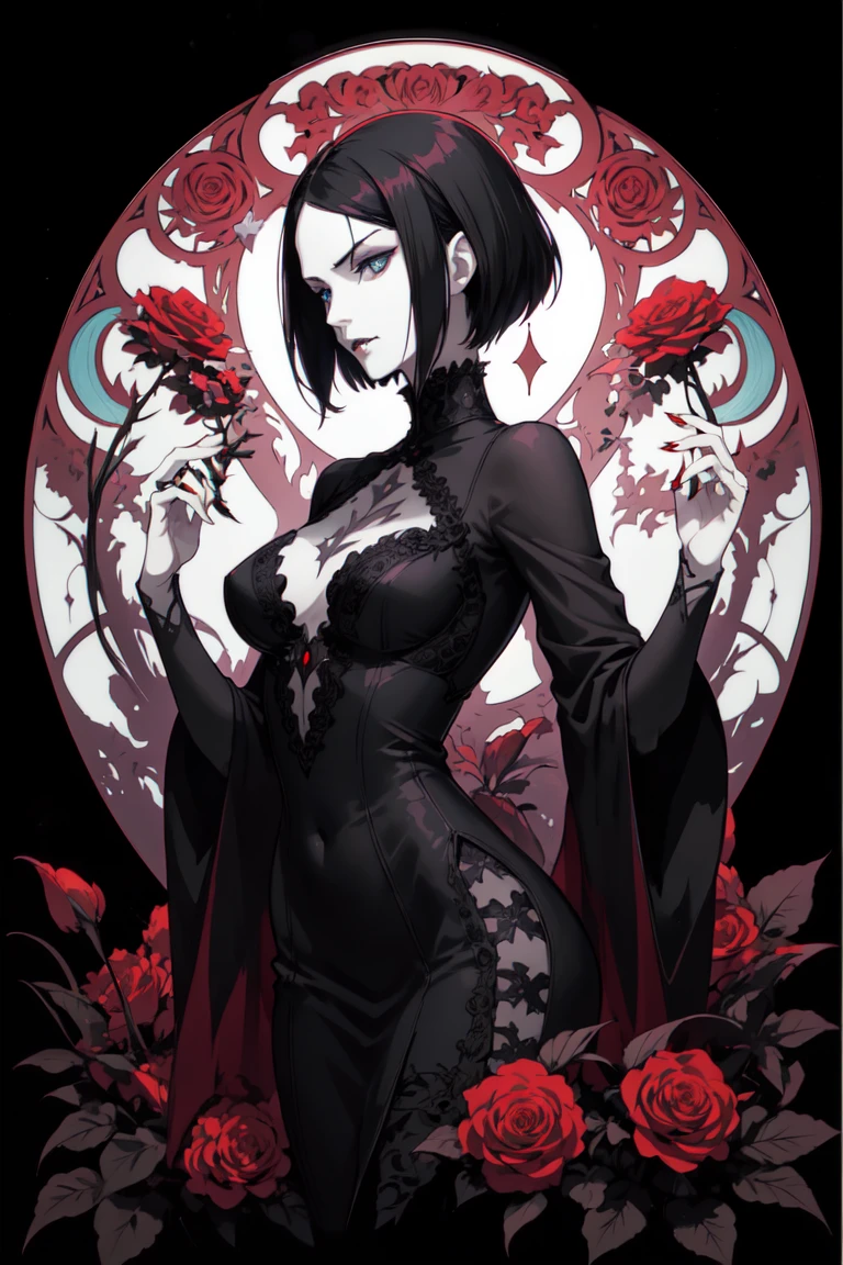 Basic Art Nouveau,Vampire woman with black hair and blue eyes,short hair,(Upper body portrait),young,(((Oval face))),Dark clothing,Soft and melancholy face,Beautifully,No wrinkles,Gothic style,Synthwave meets Art Nouveau,Bold and smooth lines,Dynamic composition of organic Art Nouveau patterns,Intricate red roses and patterns intertwined with geometric shapes,Characters that embody vampires Mysterious Gothic atmosphere,Feminine but calm expression,Art Nouveau pattern dress,Digital grid landscape with natural forms,Neon-like outline effect reminiscent of stained glass,White background,High contrast,Easy to color,visual clarity,French Art Nouveau,80s vaporwave art style。Maximum details,