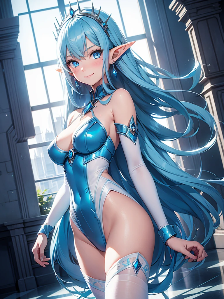 a girl,Elf,Long blue hair,((crystal)),blue eyes,blush,Smile,earrings,White tights,Cyberpunk style,dream,European palace inner court,Glass Windows,dynamic poses,Rendering,optimal