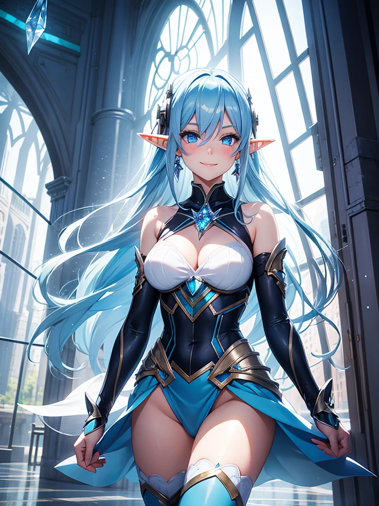 a girl,Elf,Long blue hair,((crystal)),blue eyes,blush,Smile,earrings,White tights,Cyberpunk style,dream,European palace inner court,Glass Windows,dynamic poses,Rendering,optimal