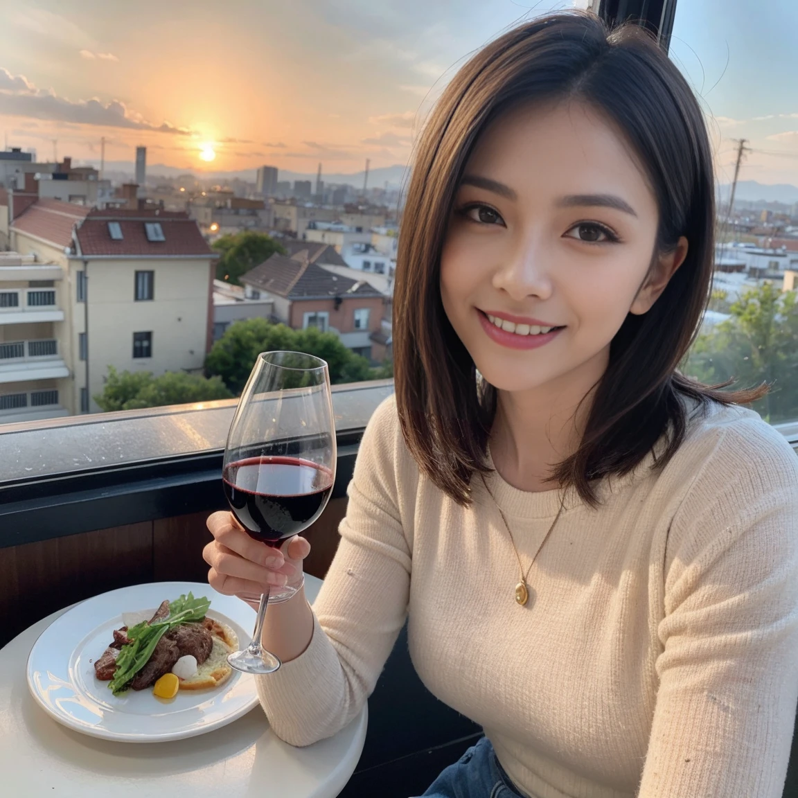 (Realistic:1.1),(masterpiece,Highest quality),8k,(49 years old), 53 years old, ベリーslimボディ、slimカップル、Tight waist,Upper Body,full-course dinner、wine 、Amazing view of the sunset sky and clouds、Perfect Anatomy, Brown Hair, short hair,Random Hairstyles,((Highly detailed face and eyes:1.2)),Perfect golden ratio face,Long sleeve shirt、dress,(smile:1.2)、Shortcuts、cute、(Realistic, Intricate details:1.2), A bright smile、short hair,Bright Face、赤wine 、Appetizers、Italian food、wine bottle、Champagne、スパークリングwine、(slimな顔), (The body is slim), (Brown Hair), (Shortcuts), Upper Body, 白wine, slim, wineグラス,