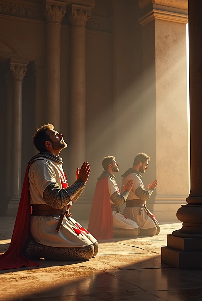 Templar knights kneeling in the Temple of Jerusalem、Praying、There is hair、Lit by candlelight、night ((Anatomically correct,Surrealism, uhd, retina, accurate, anatomically correct, textured skin, super detail, high details, best quality, 8k))