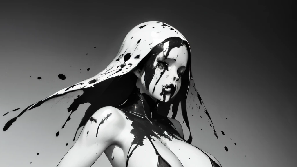 bs, solo, simple background, monochrome, upper body, greyscale, bodysuit, black background, 1other, monster, arms at sides, horror (theme) there is a large-breasted woman in the picture with her arms torn off and her face bleeding, ravens flying in the background, stocking, hot lingerie, big boobies, red paint splatted on it