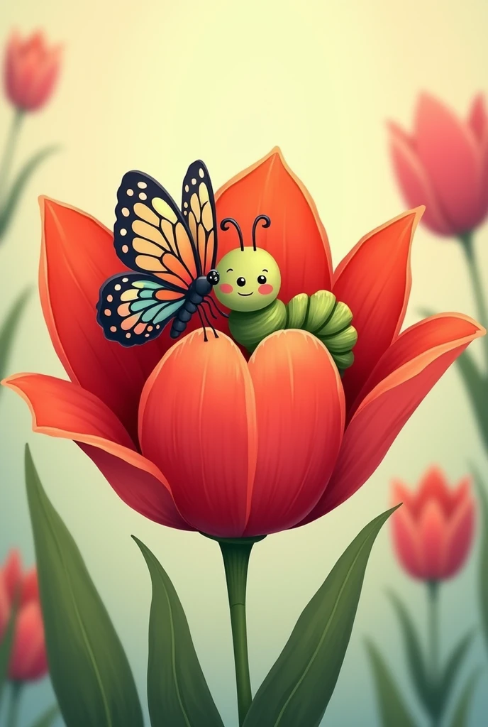 Cute cartoon illustration of a butterfly and a caterpillar sitting on a red tulip.