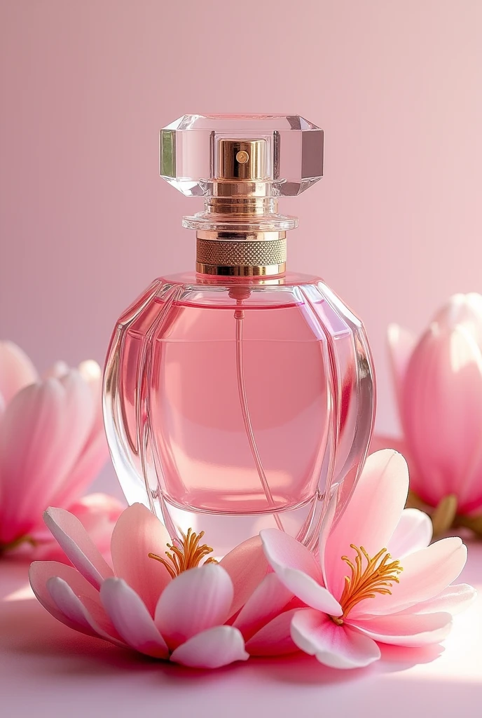 Unique perfume , with critical notes, unique and elegant design, pink color with unique combinations , with magnolia flowers under the glass jar 