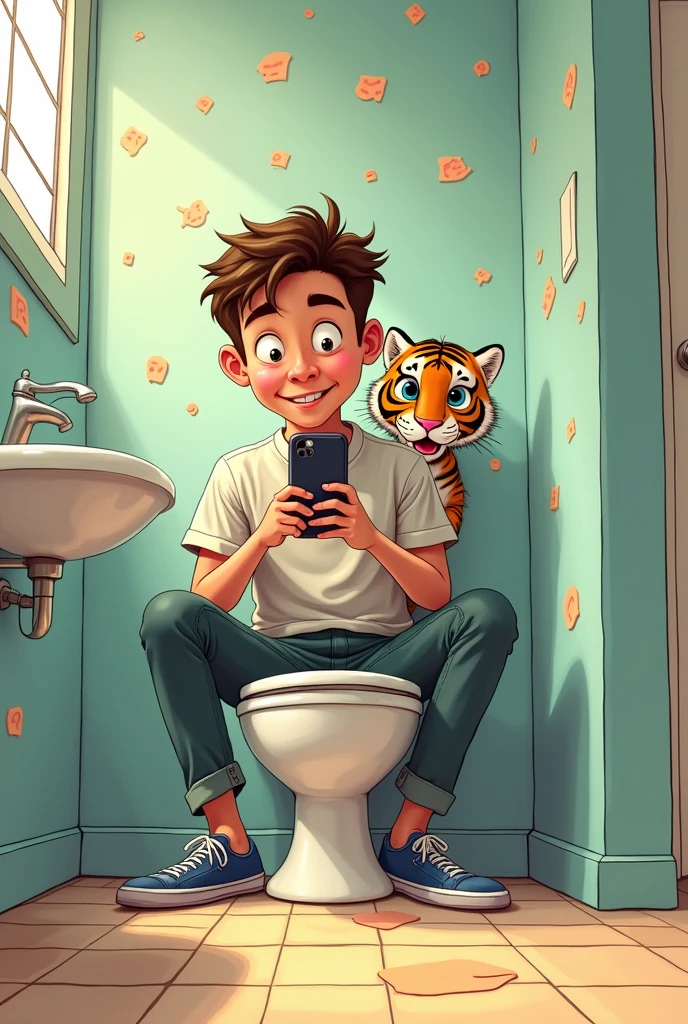 Young Man pooping while playing phone in bathroom make it more cartoon and make the character look at the phone. Now there's a tiger in the bathroom and the man shocked