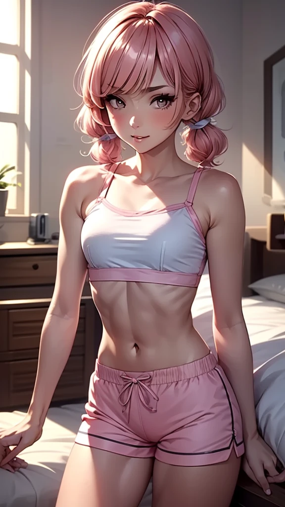 1 pretty woman, short pink hair with pigtails, small waist, skinny, small crop top, cotton short pajama shorts, in panties