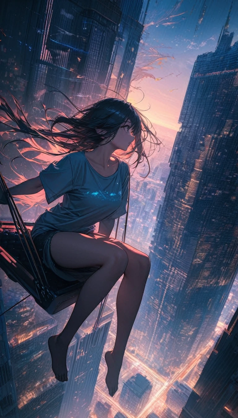 High resolution, Highest quality, high resolution, Super Fine, 16K, Incredibly absurd, Very detailed, Beautiful woman sitting on a trapeze suspended between two skyscrapers, Gazing into the distance, Wear a loose long T-shirt, Captivating look, Wind, Wind-effect, moonlit ocean, (Nice views:1.1) , Clockpunk