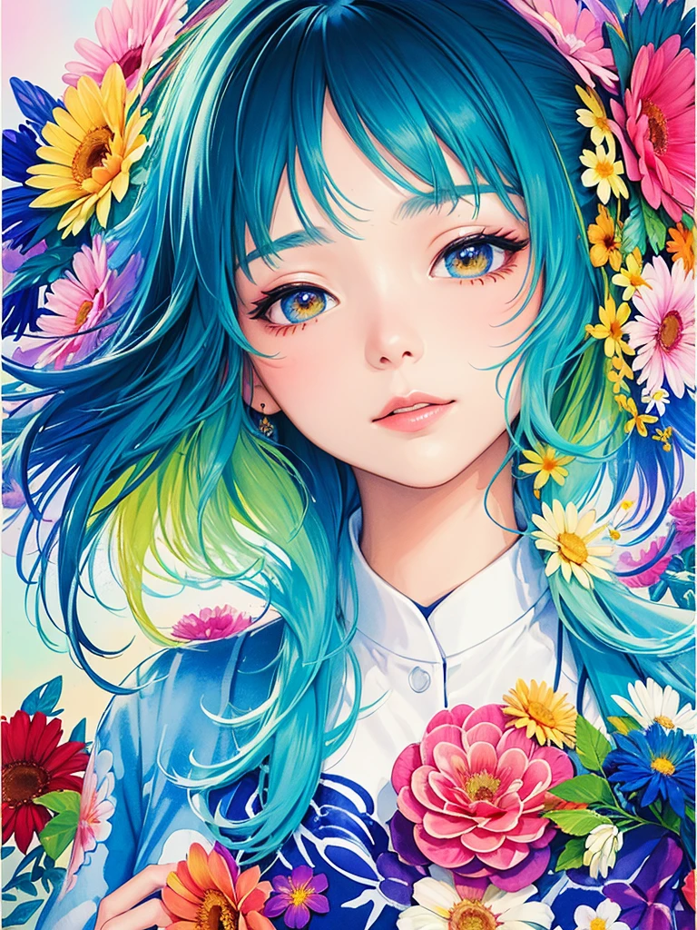 Hiromi Matsuo Style、(((stylish fashion))), 8K Quality、Intense watercolor, Detailed watercolor art, Watercolor splash, Surreal, avant-garde pop art, Beautiful and expressive paintings, Beautiful artwork illustration, Very colorful tones, wonderful, Cool beauty, highest quality、Official Art, Vector art, Stylish design, (((The most beautiful girl))), (((highest quality))), HDR, ((detailed)), (((Doodle Art)), ((masterpiece)), ((Super detailed)), (((Colorful flowers))),(((Stylish))),