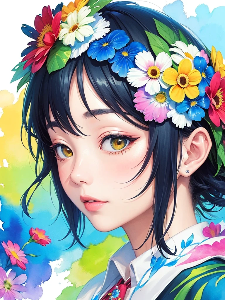 Hiromi Matsuo Style、(((stylish fashion))), 8K Quality、Intense watercolor, Detailed watercolor art, Watercolor splash, Surreal, avant-garde pop art, Beautiful and expressive paintings, Beautiful artwork illustration, Very colorful tones, wonderful, Cool beauty, highest quality、Official Art, Vector art, Stylish design, (((The most beautiful girl))), (((highest quality))), HDR, ((detailed)), (((Doodle Art)), ((masterpiece)), ((Super detailed)), (((Colorful flowers))),(((Stylish))),