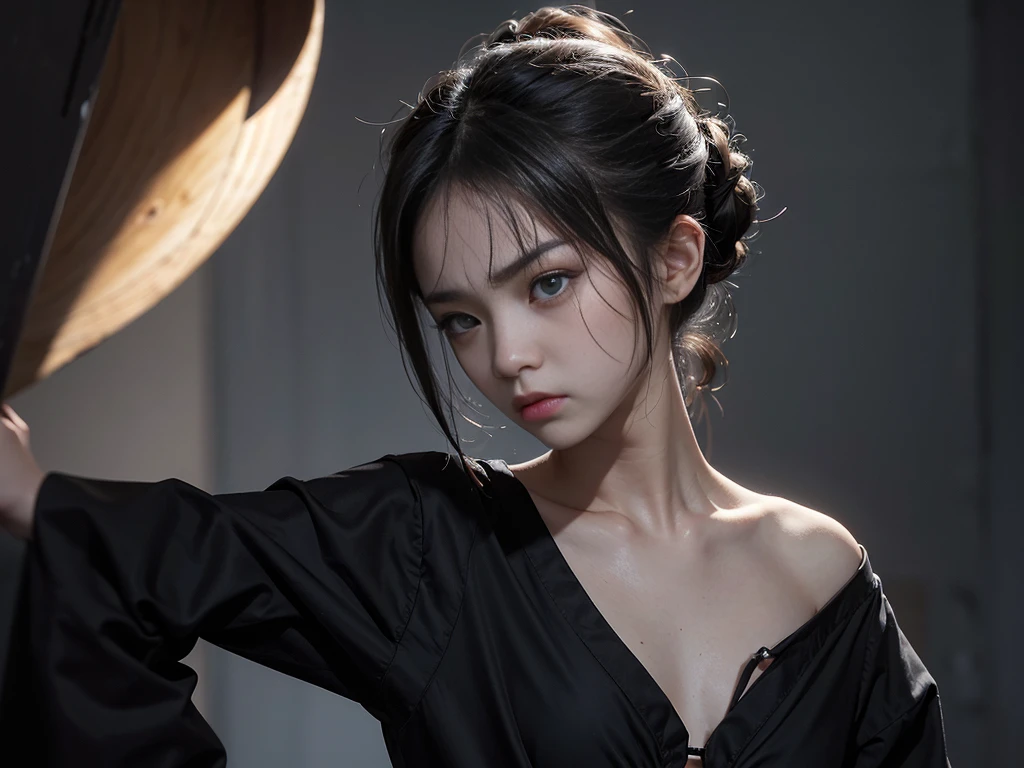 High resolution, Gaze, Slanted Eyes, Brooding face, Expressionless, Empty look, Bad mood, 11 year old korean girl, small breasts, grumpy face, black bikini, Contempt/angry gaze, short half updo, solo,