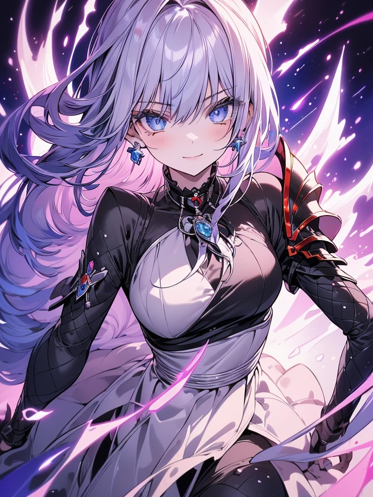 (highest quality:1.2, Very detailed, up to date, Vibrant, Ultra-high resolution, High Contrast, masterpiece:1.2, highest quality, Best aesthetics), (((1 girl))), Woman wielding a large sword, Luxurious Armor, Flowing hair, intense expression, Intense battle scenes, Dramatic lighting, Bright colors, Powerful strokes, Silver Hair, High Ponytail, Wavy Hair, blue eyes, jewelry, Earrings, (((Expression of fine eyes:1.2, Beautiful Skin, Detailed facial expressions))), Flowing hair, (Crazy Smile, Sparkling eyes), Heroic figures, Detailed armor and weapons, Dynamic pose, War-torn landscape background,whole body