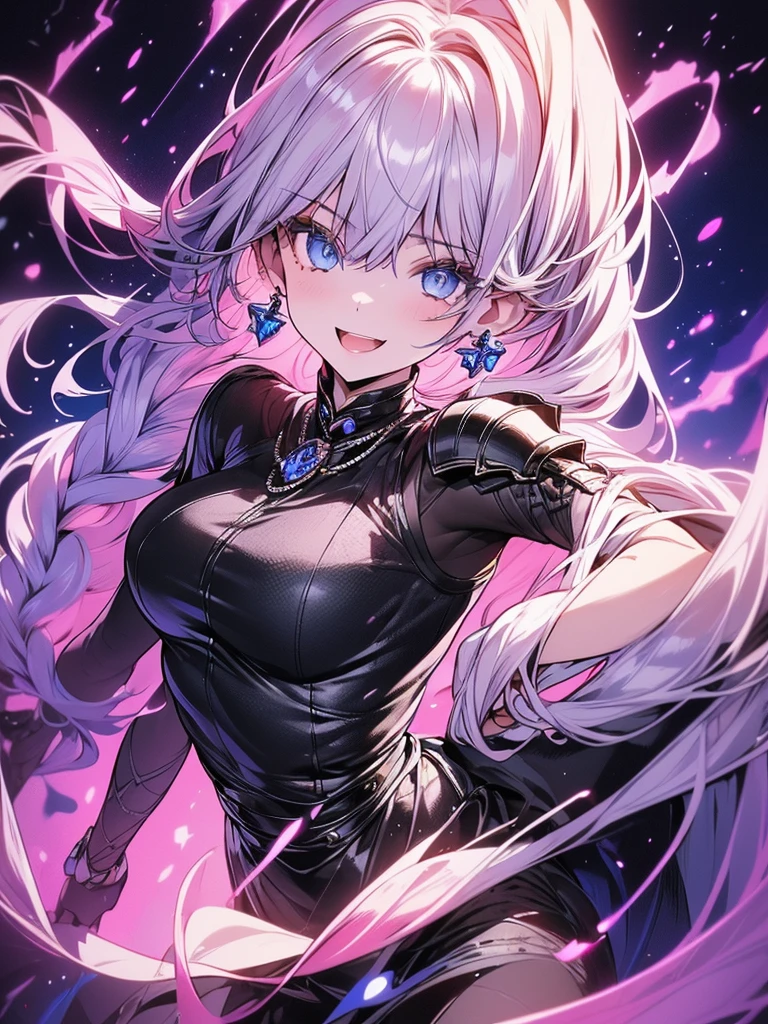 (highest quality:1.2, Very detailed, up to date, Vibrant, Ultra-high resolution, High Contrast, masterpiece:1.2, highest quality, Best aesthetics), (((1 girl))), Woman wielding a large sword, Luxurious Armor, Flowing hair, intense expression, Intense battle scenes, Dramatic lighting, Bright colors, Powerful strokes, Silver Hair, High Ponytail, Wavy Hair, blue eyes, jewelry, Earrings, (((Expression of fine eyes:1.2, Beautiful Skin, Detailed facial expressions))), Flowing hair, (Crazy Smile, Sparkling eyes), Heroic figures, Detailed armor and weapons, Dynamic pose, War-torn landscape background,whole body