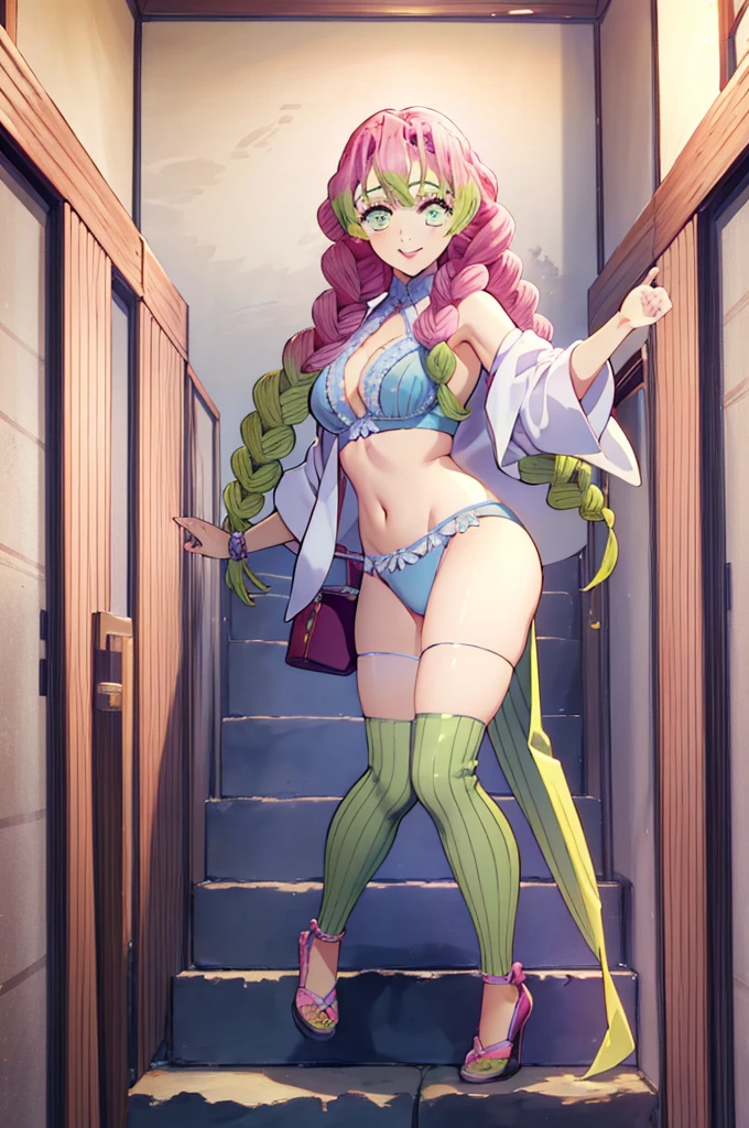 (masterpiece, best quality), intricate details,
MitsuriKanroji, kanroji mitsuri, 1girl, solo, long hair, winking, green eyes, pink hair, green hair, twin braids, smile, cute smile, blushed smile, blush, blushing, large breast, huge breasts, bikini top, collarbone, neck, bare shoulders, yellow bikini top, cleavage, full body, long legs, cameltoe, cowboy shot, plain background, white background, photoshoot, perfect shot, perfect framing, full body shot, bending over, side view, side angle