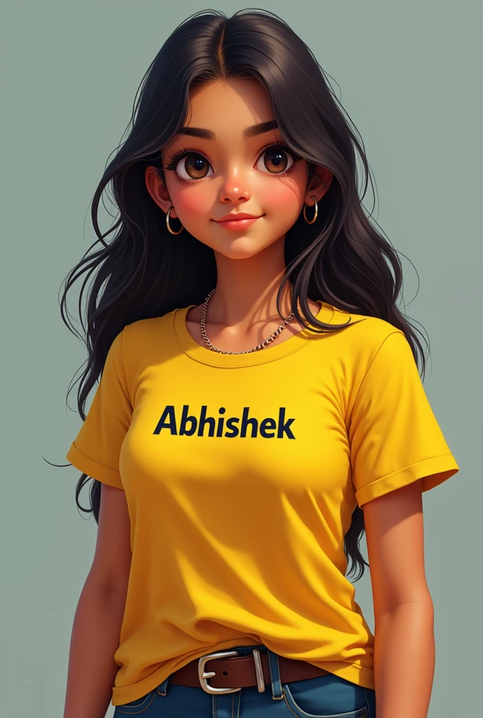 Make a girl who wear yellow colour T-Shirt in shirt write Abhishek. And breast size is big girl name is dhanuja age 14year
