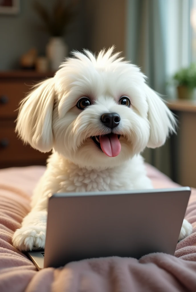 A Maltese dog is laughing while operating a laptop computer。