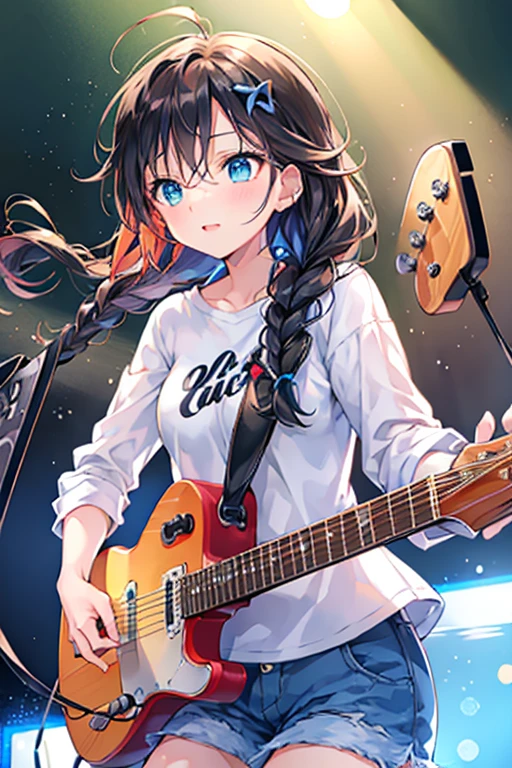 Tazune rirei, nsfw, 8k, ultra-detailed, Masterpiece, best quality, perfect lighting, aqua eyes, black hair, braid hair, dynamic angle, looking away ,more_details:1, ((bokeh, portrait)), , ((playing electric guitar hard, guitar amplifier )),clubhouse stage, rock’n roll, red checker shirt, blue jeans ,starrystarscloudcolorful, search lights, grunge, detailed shiny eyes , ((grunge wear, grunge rock)), singing, microphone , loud music effects , dynamic angle, dynamic pose