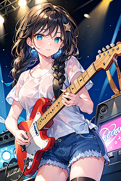 Tazune rirei, nsfw, 8k, ultra-detailed, Masterpiece, best quality, perfect lighting, aqua eyes, black hair, braid hair, dynamic angle, looking away ,more_details:1, ((bokeh, portrait)), , ((playing electric guitar hard, guitar amplifier )),clubhouse stage, rock’n roll, red checker shirt, blue jeans ,starrystarscloudcolorful, search lights, grunge, detailed shiny eyes , ((grunge wear, grunge rock)), singing, microphone , loud music effects , dynamic angle, dynamic pose