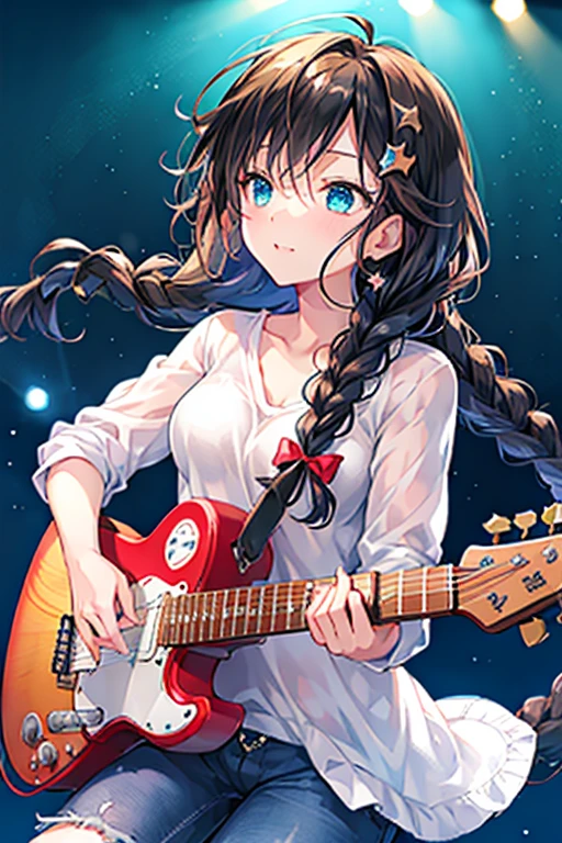 Tazune rirei, nsfw, 8k, ultra-detailed, Masterpiece, best quality, perfect lighting, aqua eyes, black hair, braid hair, dynamic angle, looking away ,more_details:1, ((bokeh, portrait)), , ((playing electric guitar hard, guitar amplifier )),clubhouse stage, rock’n roll, red checker shirt, blue jeans ,starrystarscloudcolorful, search lights, grunge, detailed shiny eyes , ((grunge wear, grunge rock)), singing, microphone , loud music effects , dynamic angle, dynamic pose